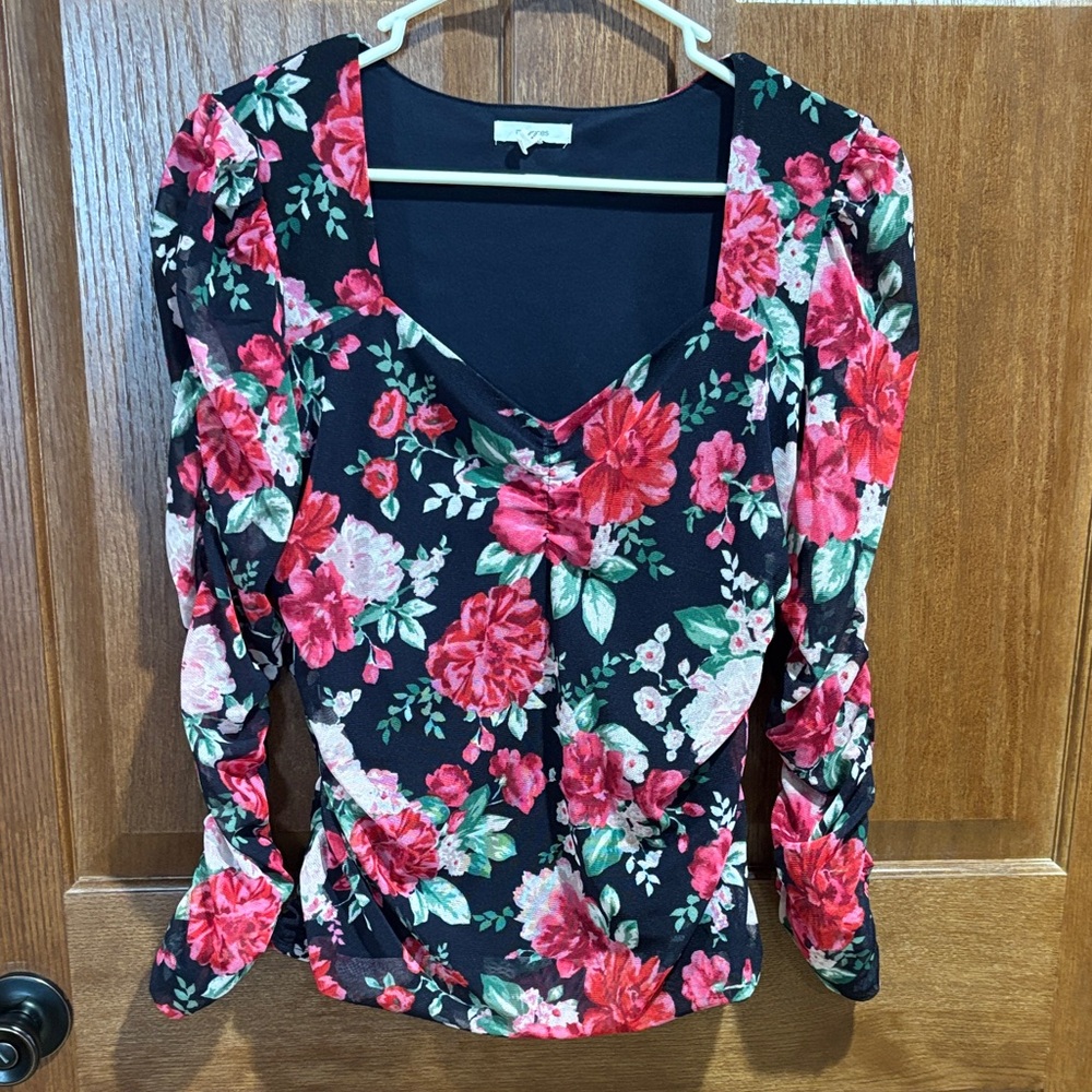 Maurices Black Blouse with Red and Pink Floral Design